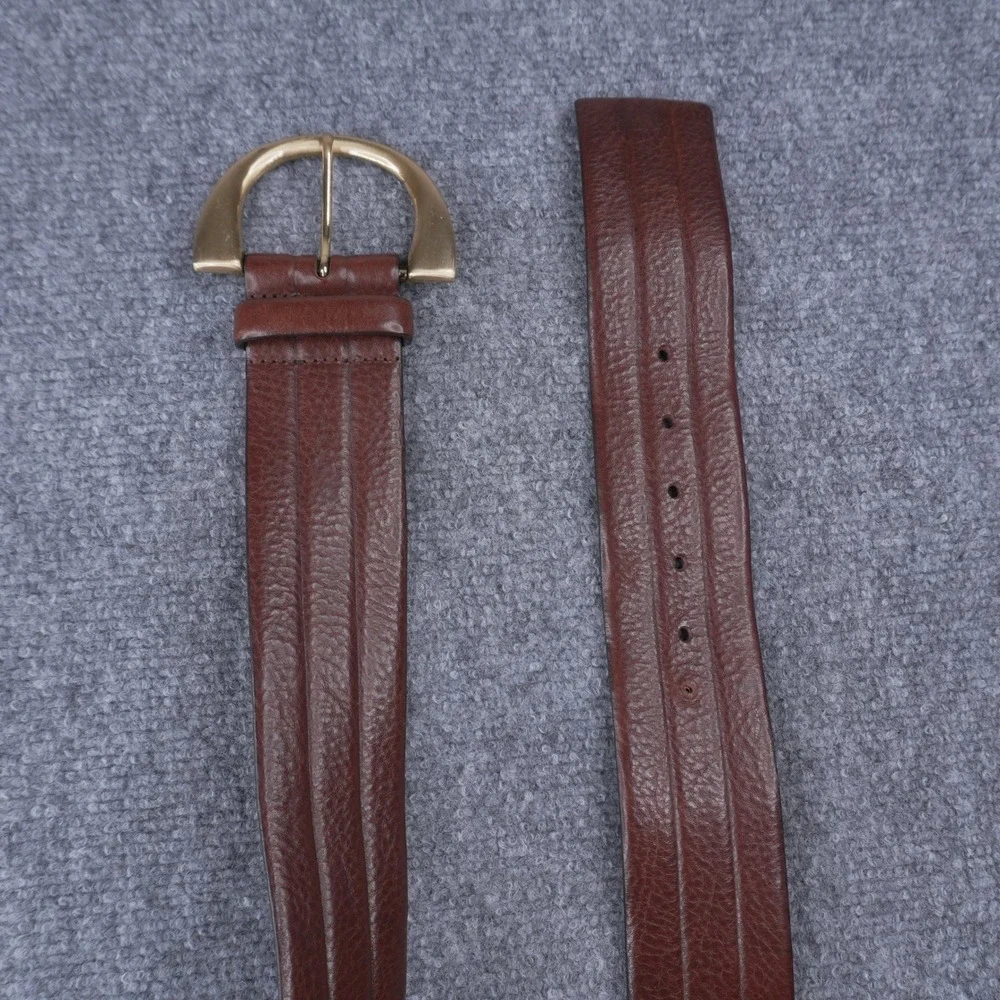Massimo Dutti Leather Belt Womens 85 Brown Wide Ribbed Gold Buckle Spain